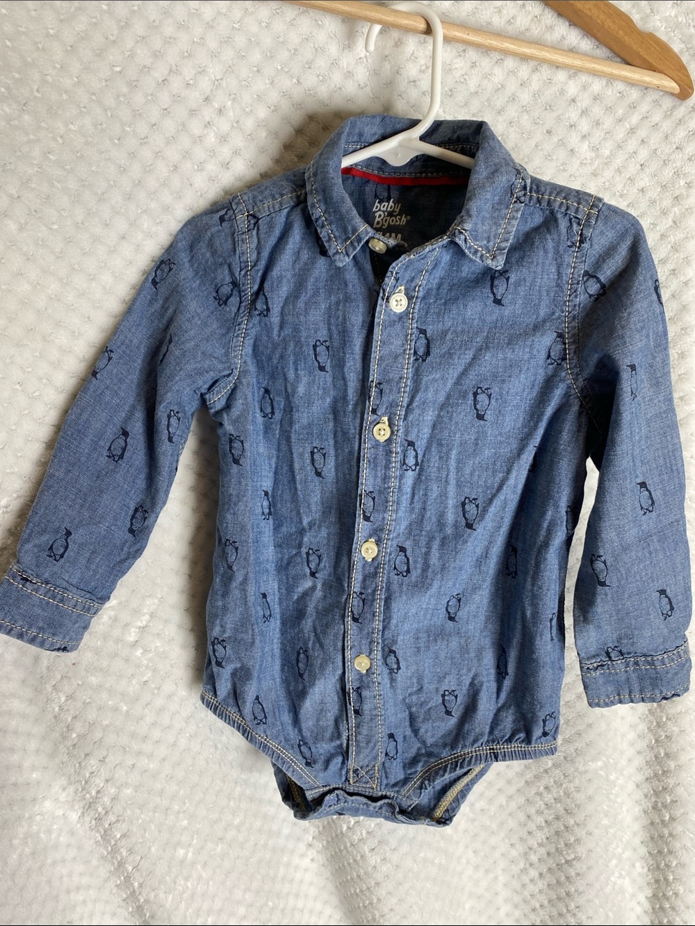 baby B'gosh Chambray Blue  Button-Up Shirt bodysuit with Penguins print